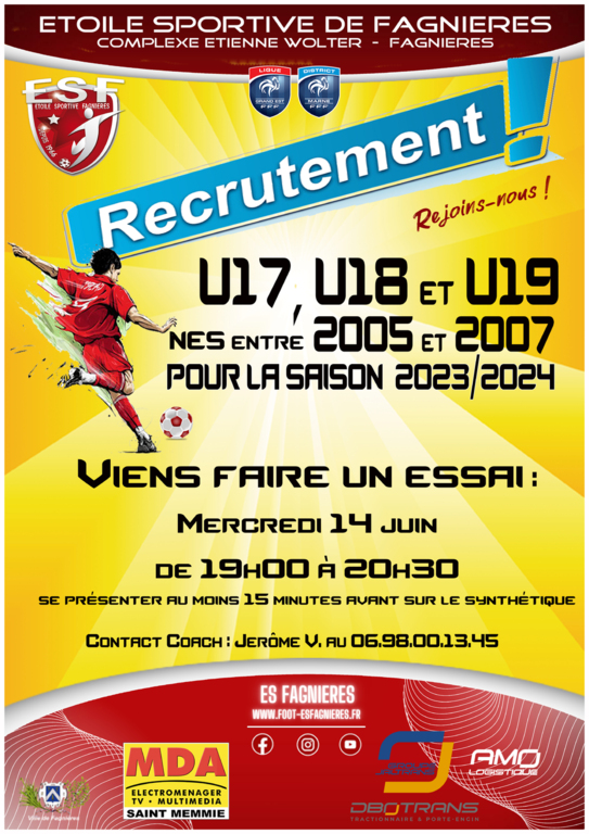 Recrutement U17 à U19 - Saison 2023/2024...