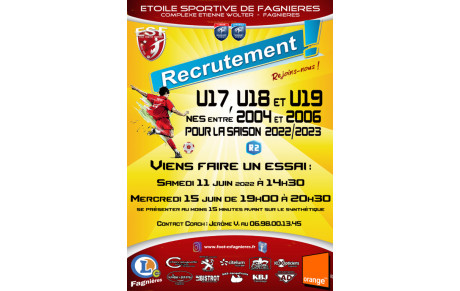 Recrutement joueurs U17 à U19 saison 2022/2023