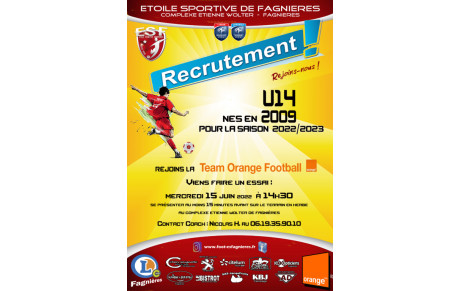 Recrutement joueurs U14 saison 2022/2023