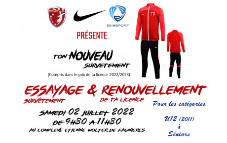 Essayage &amp; Renouvellement Licence, c'est ce Samedi 02 juillet  !
