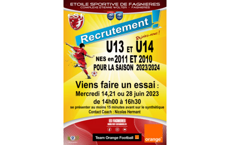 Recrutement U13/U14 nés en 2009 et 2010 saison 2023/2024