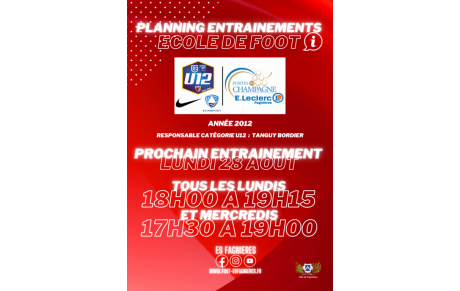 U12 - Reprise des Entraînements ce Lundi 28 août....