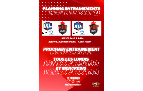 U11 A &amp; B - Reprise des Entraînements ce Lundi 28 août....