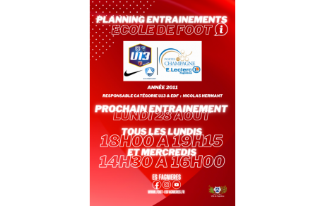 U13 - Reprise des Entraînements ce Lundi 28 août....