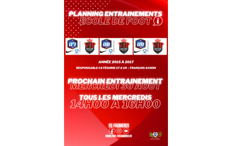 U7 à U9 - Reprise des Entraînements ce Mercredi 30 août....