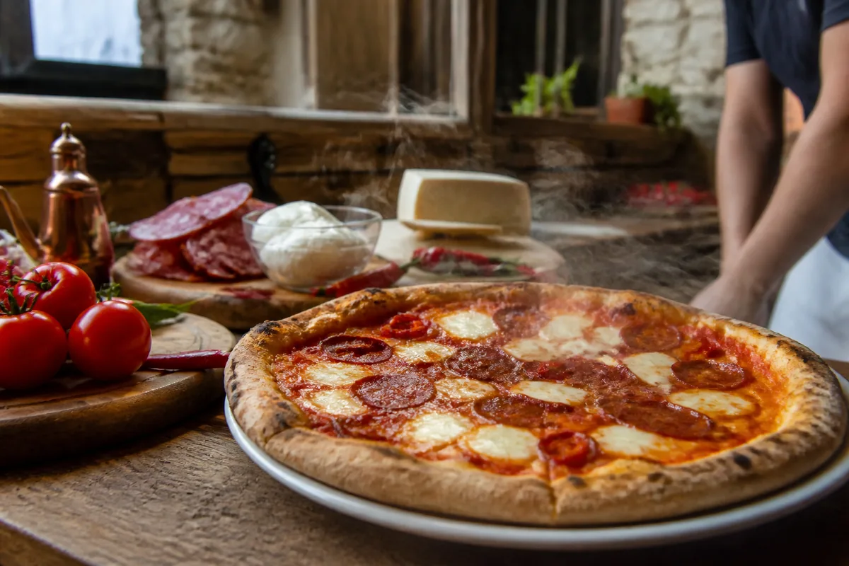 Pizza diavola chaude avec salami épicé, mozzarella fondue et tomates fraîches sur table en bois