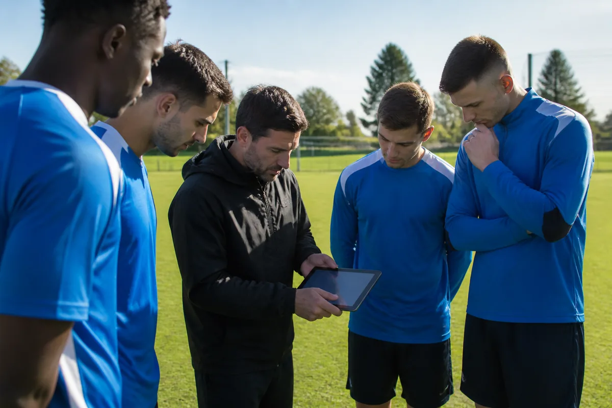 Entraîneur de football amateur montrant une tablette numérique aux joueurs sur un terrain lors d'un entraînement