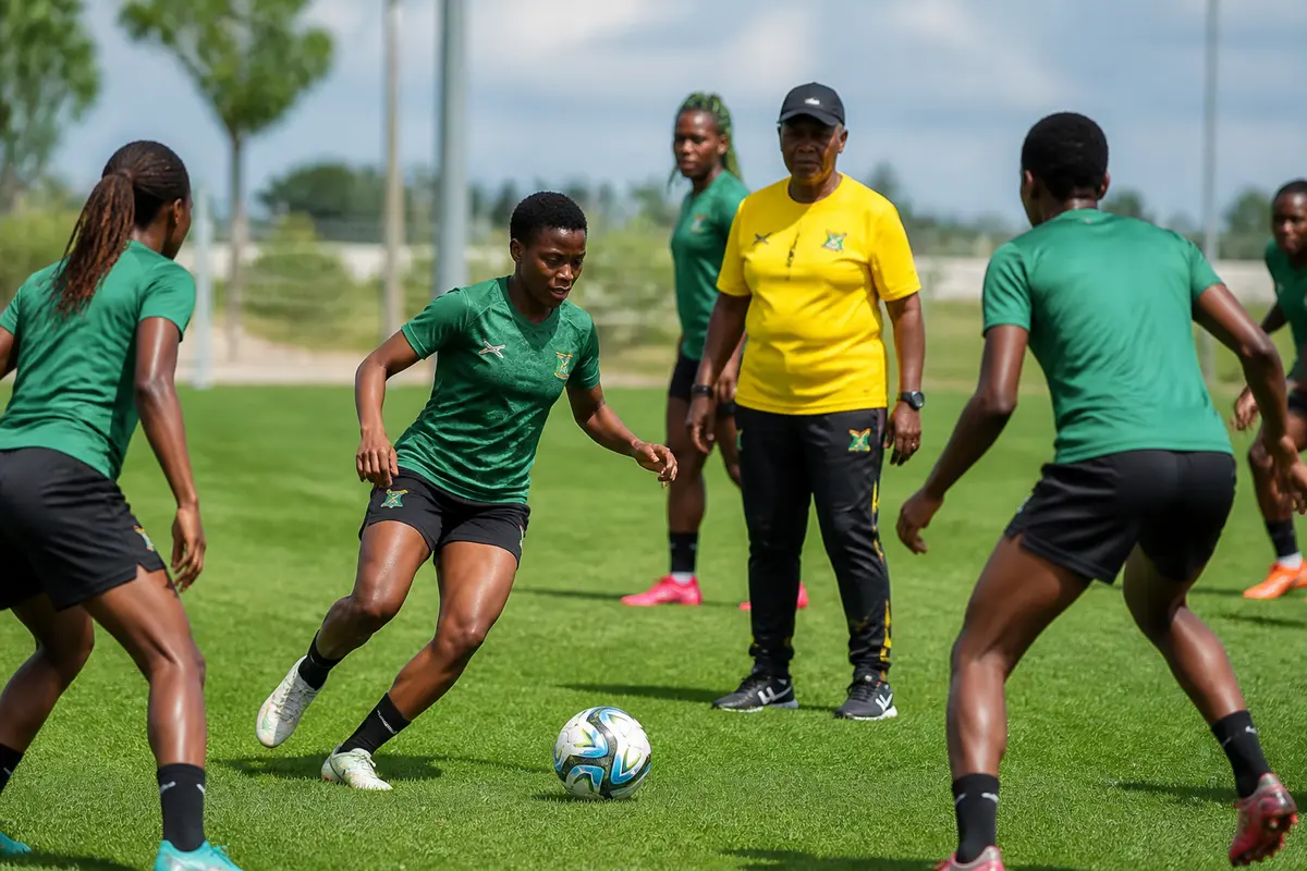 Joueuses de l'équipe féminine de football d'Afrique du Sud s'entraînent sur le terrain.