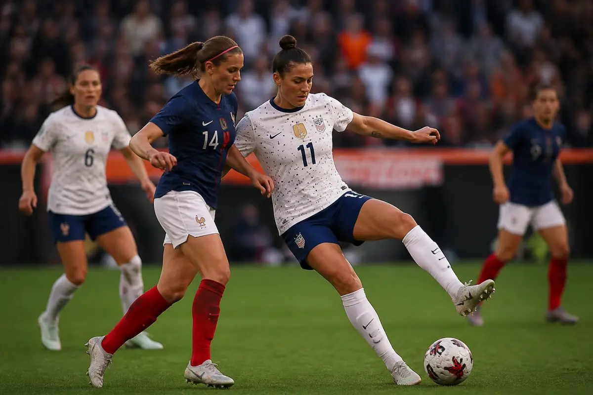 Joueuses de l'équipe féminine des États-Unis affrontant l'équipe de France sur le terrain