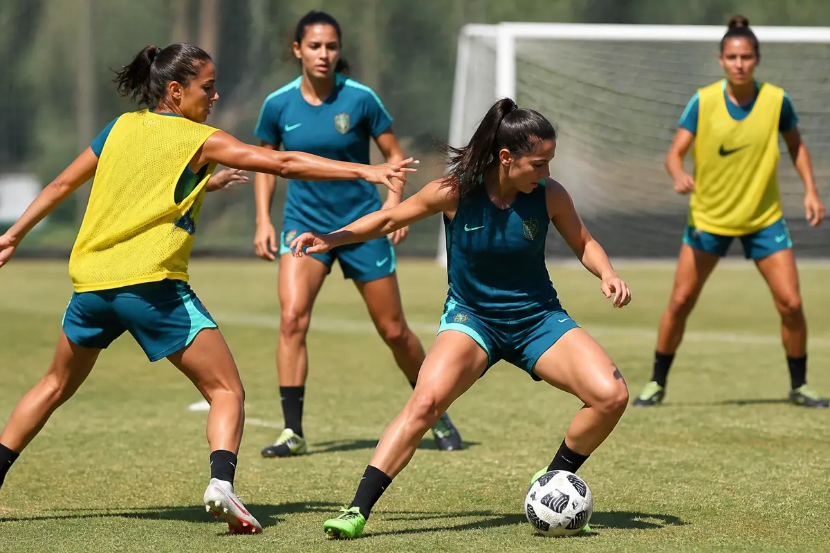 Joueuses de l'équipe féminine de football du Portugal s'entraînent avec intensité sur le terrain