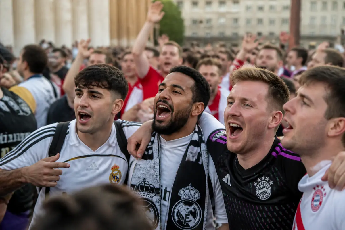 Supporters chantant des hymnes de la Ligue des champions lors d'un match de football